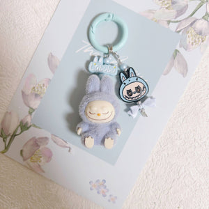 Cute Sit Flocked Mini Labubu Keychain Bag Charm With Bow