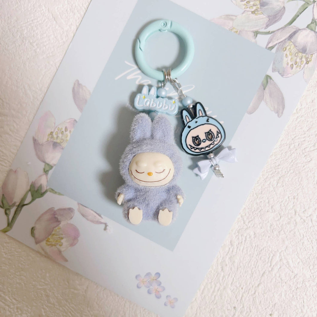 Cute Sit Flocked Mini Labubu Keychain Bag Charm With Bow