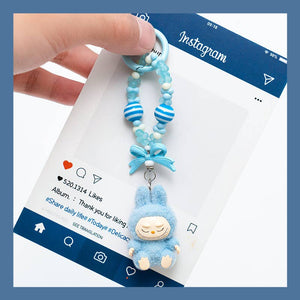 Flocked Mini Labubu Striped Beaded Keychain Bag Charm