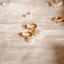 Load image into Gallery viewer, Drop Pearl Hoop Earrings
