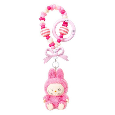 Flocked Mini Labubu Striped Beaded Keychain Bag Charm