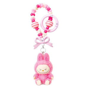 Flocked Mini Labubu Striped Beaded Keychain Bag Charm