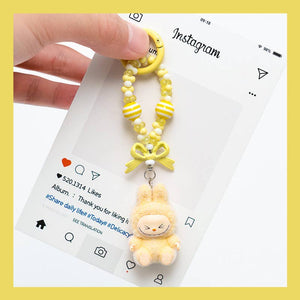 Flocked Mini Labubu Striped Beaded Keychain Bag Charm