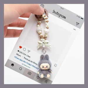 Flocked Mini Labubu Striped Beaded Keychain Bag Charm