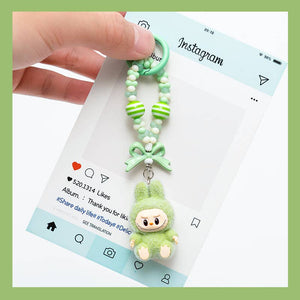Flocked Mini Labubu Striped Beaded Keychain Bag Charm