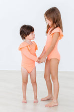 Load image into Gallery viewer, Neon Coral S/S Flutter Sleeve Leotard