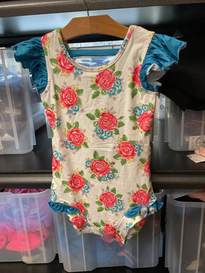 Leo Luvs Leotard Blue Floral Flutter Sleeve