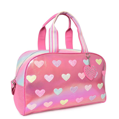 Metallic Heart-Patched Pink Large Duffle Bag