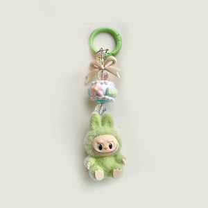 Flocked Mini Bow Cake Labubu Keychain Phone Bag Charm
