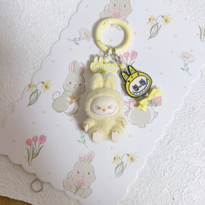 Cute Sit Flocked Mini Labubu Keychain Bag Charm With Bow