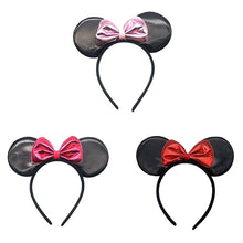 Load image into Gallery viewer, 12pk Faux Leather Mouse Ear Bow Mick Costume Headband