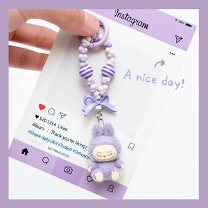 Flocked Mini Labubu Striped Beaded Keychain Bag Charm